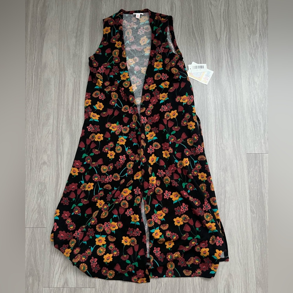 LuLaRoe Joy Long Floral Duster Vest XS NWT Black Boho Sleeveless Cardigan
